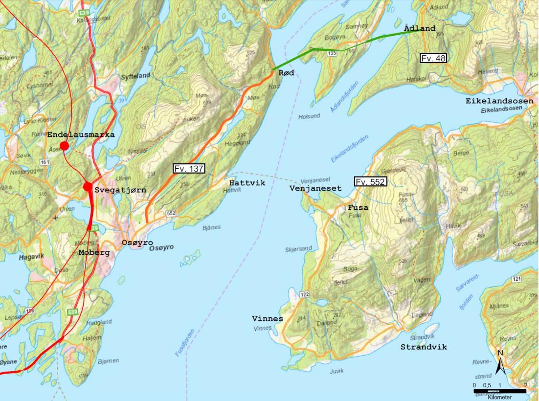 Fusa Fusa har i dag tre traséar mot E39, over Lukksundet, Hatvik Venjaneset, og om Samnanger. For denne studien er det Hatvik Venjaneset som er mest relevant, men Fv.