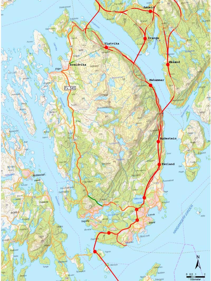 Fitjar Fitjar har i dag E39 på langs frå nord til sør langs austsida. Kryssing av Langenuen og kryssplassering på Stordsida vert avgjerande for kor godt Fitjar vert kopla på E39.