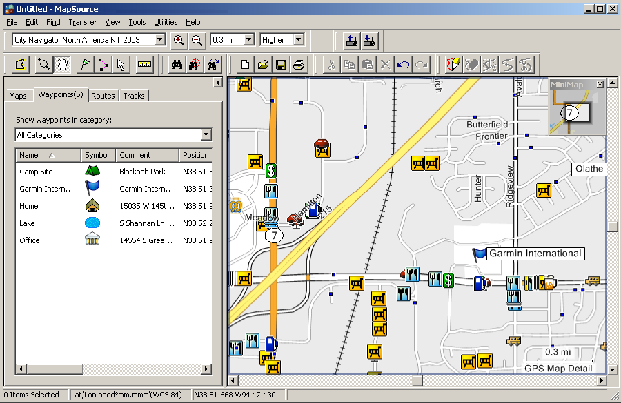 Bruke MapSource > MapSource-deler Bruke MapSource MapSource-deler MapSource-vinduet inneholder fem hoveddeler: