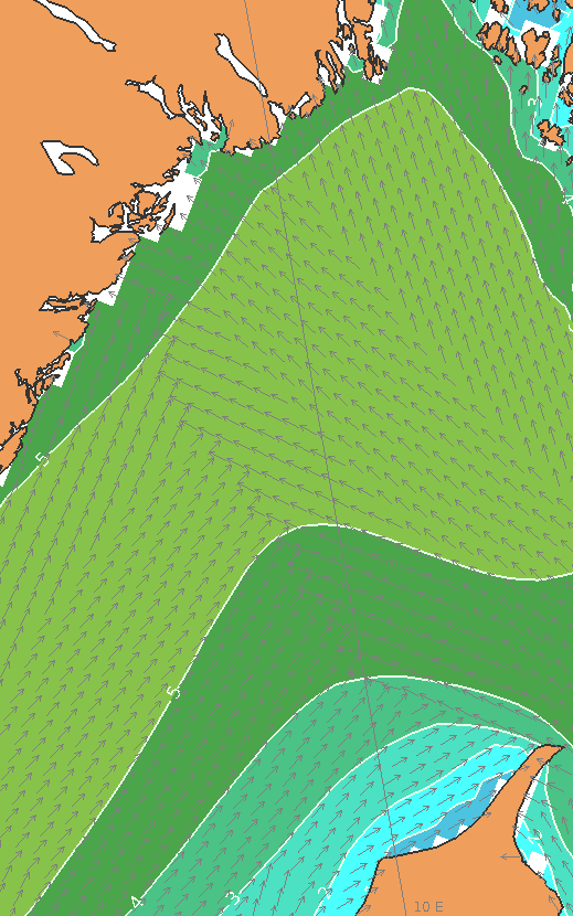 Figur 4: Hs og dominerende bølgeretning fra WAM4 i Lopphavet 31. januar 2014 00UTC og i Skagerak 15. januar 2015 12 UTC. Siden alle registreringer er gjort manuelt, er der en del feilkilder.