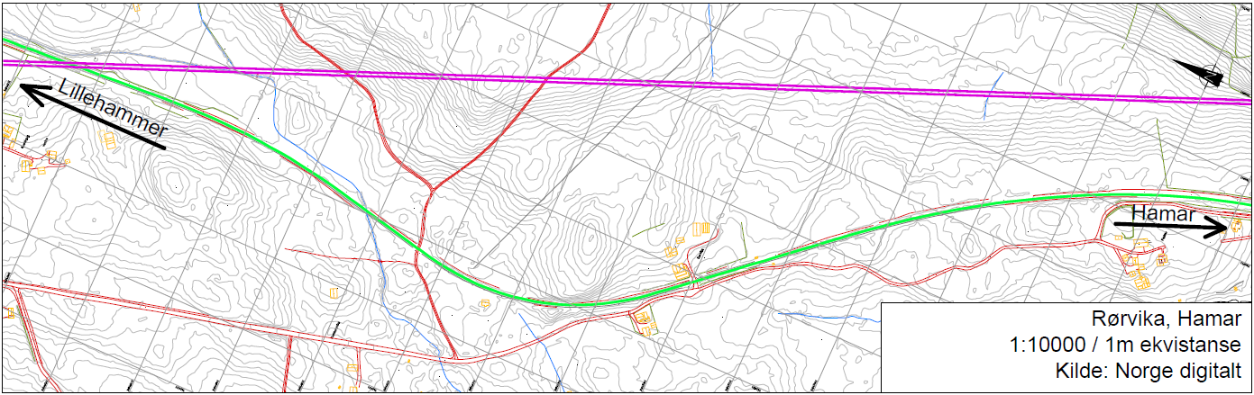 3 ALTERNATIVEVALUERING 3.1 Alternativ 1 Rørvika Rørvika ligger ca 10,4 km nord for Hamar, og ca 3 km syd for Brumunddal. Rørvika gård ligger innenfor området, ellers er det mye skogområder.