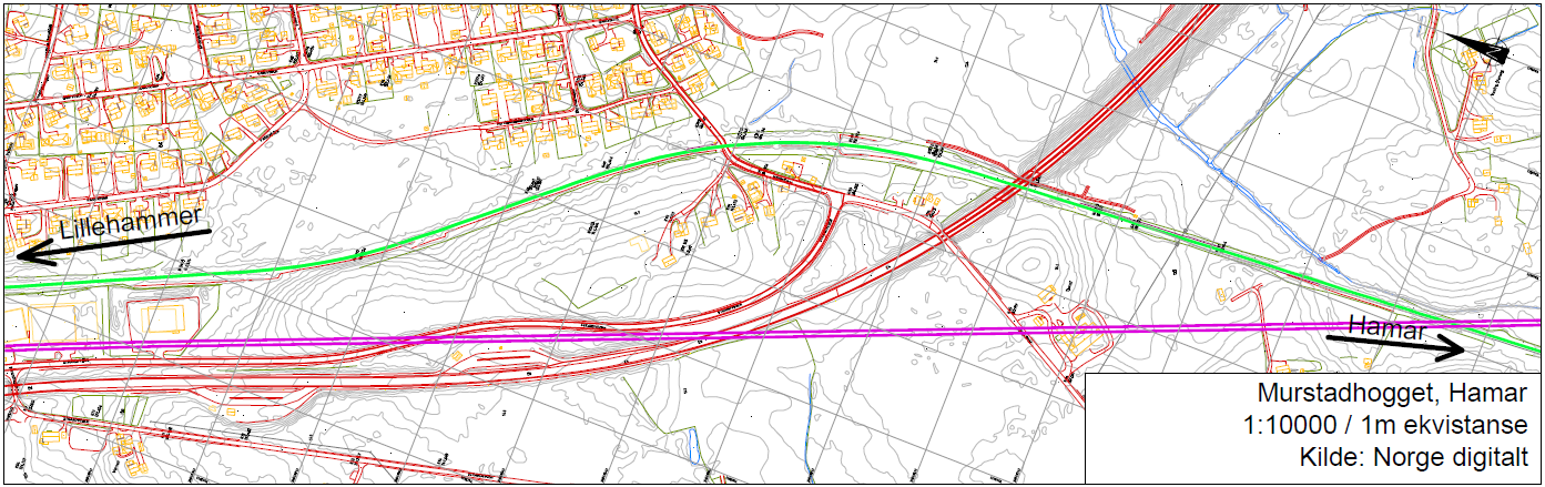 3.2 Alternativ 2 Murstadhogget Sammenlignet med alternativ 1, så ligger Murstadhogget litt nærmere Brumunddal, ca 12,0 km nord for Hamar. Området ligger på begge sider av sporet.