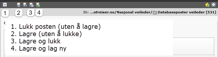 Bilde 3: Lukk, lagre og lukk Valgene er alltid øverst i "kolonnen" for innhold Generell funksjonalitet i lister (backend)