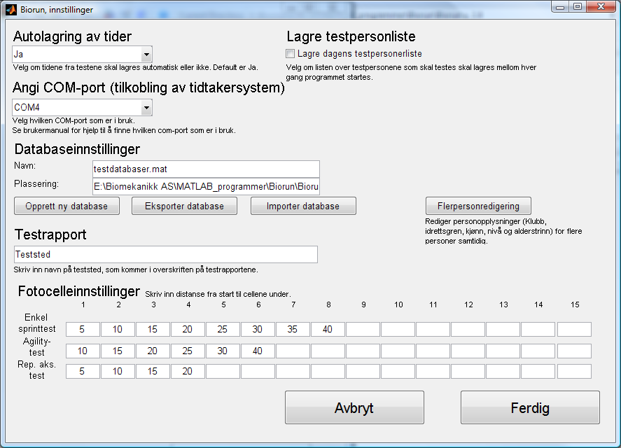 Innstillinger: Autolagring av tider Velg om tidene skal lagres automatisk eller manuelt ved hver test.