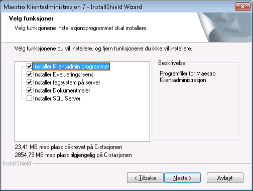 Lisensavtale Velg funksjoner Installere SQL Server. Dersom du ønsker at installasjonsprogrammet skal installere en MSSQL server, haker du av for SQL Server.