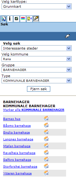 aktuell gruppe: barnehager, skoler mm, friluftsliv eller motorferdsel, boligtomter eller næringsareal Så velges typer under de ulike gruppene.