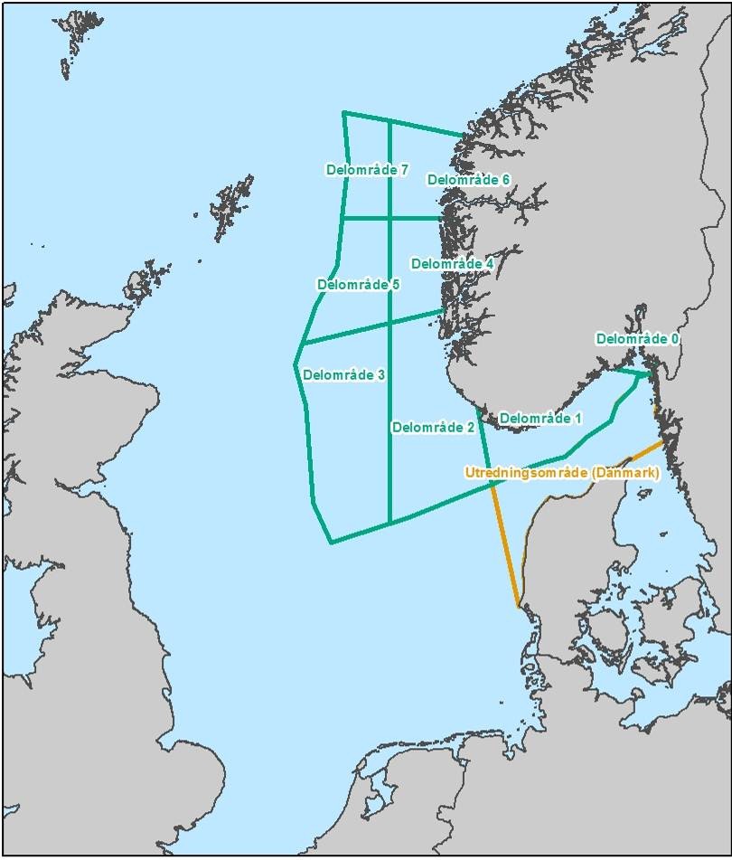 Innenfor Norsk Økonomisk Sone (NØS) er det igjen gjort følgende inndeling. Figur 2-2 Forvaltningsplanområde NØS med inndeling - Nordsjøen 2.