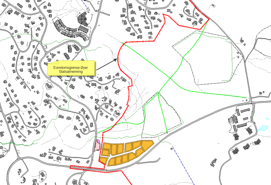 Kartet viser grense mot Øyer Statsallmenning (rød stiplet linje). Infrastruktur Bebyggelse: Områdets karakter er frittliggende fritidsbebyggelse.