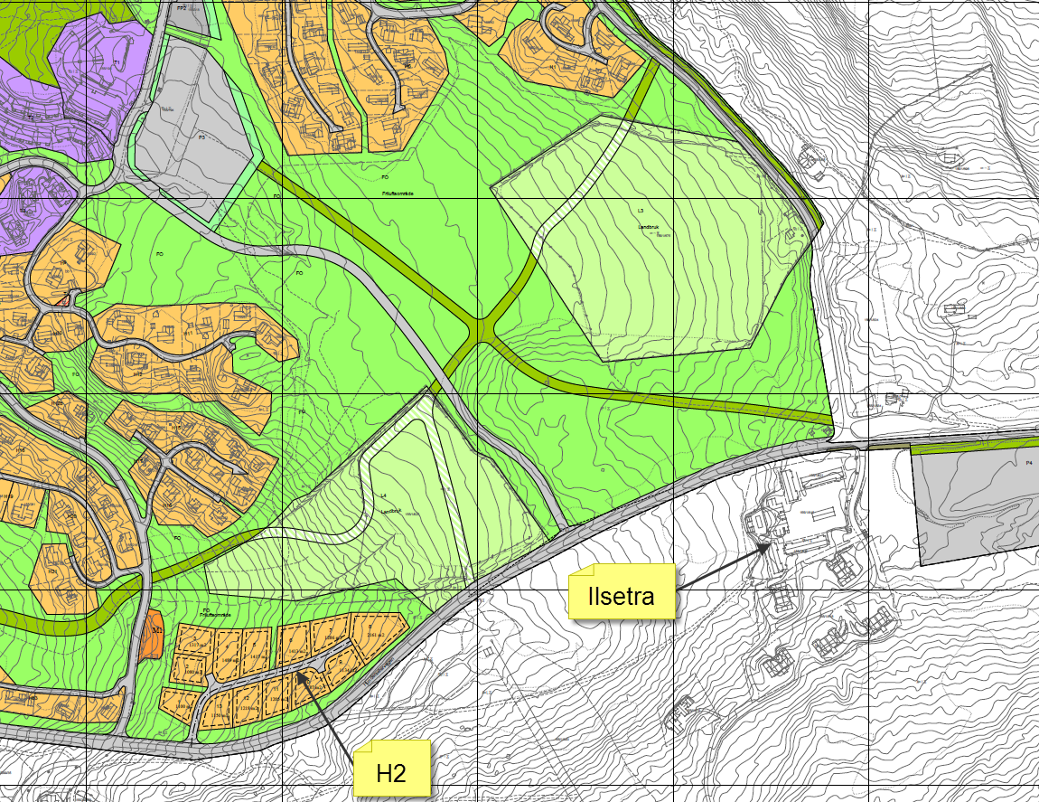 6. BESKRIVELSE AV PLANFORSLAGET Endringer i forhold til gjeldende planer o Området H2 reguleres til 13 hyttetomter, med atkomstveg og grøntstruktur mm.