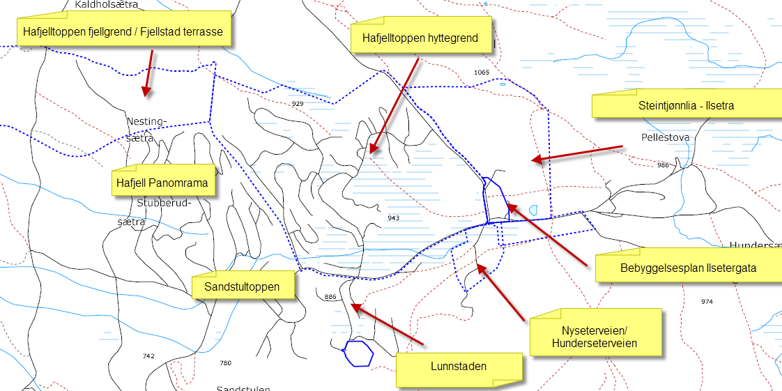 Eksisterende planer i området o Gjeldende reguleringsplan for Hafjelltoppen hyttegrend med bestemmelser ble egengodkjent i kommunestyremøte 31.5.2007.
