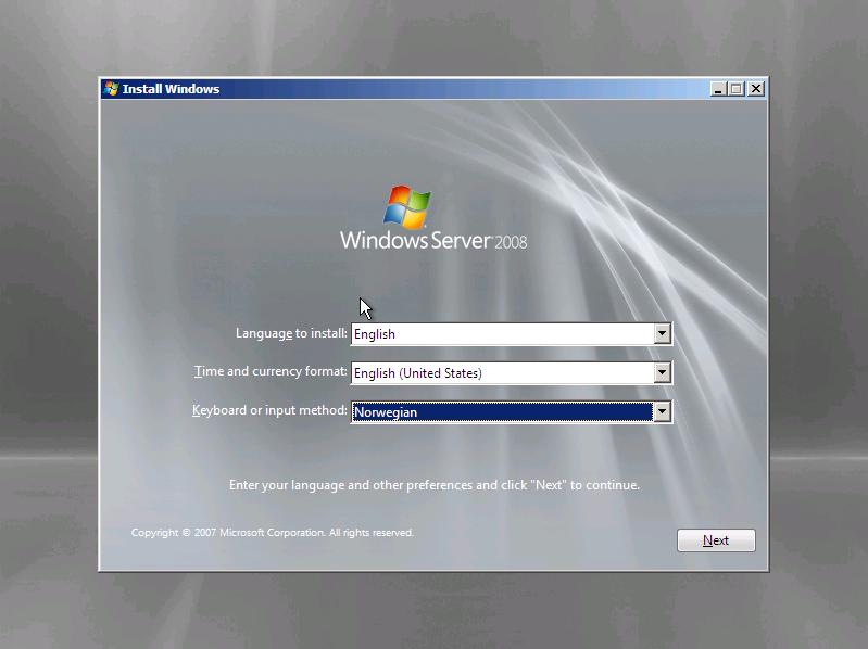 Side 13 av 24 Installere Windows Server 2008 fra en DVD. Sett inn installasjons-dvd-en med Windows Server 2008 og start datamaskinen på nytt.