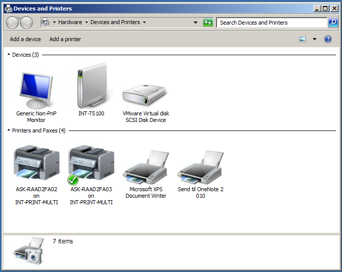 9 Her er det bare "ASK-RAAD2FA02" og "ASK-RAAD2FA03" som er vanlige skrivere "Microsoft XPS Document Writer" og "Send til OneNote 2" er "virtuelle enheter" som følger med Windows eller Office.