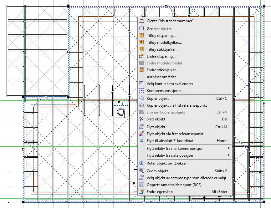 32... Kapittel 1 17.02.13 Bjelkelagstegning DDS-CAD Konstruksjon innføring i versjon 7 Redigering av bjelkeområde Når gulvet er markert, klikk høyre museknapp for hurtigmeny. Generer bjelker.