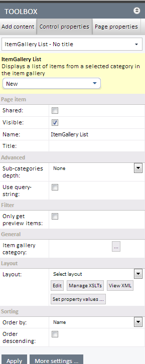 6. Ta en titt på Control Properties fra Toolbox menyen: 7. Bak «Item gallery category» velger du, og finner mappen du ønsker å dele filene fra.