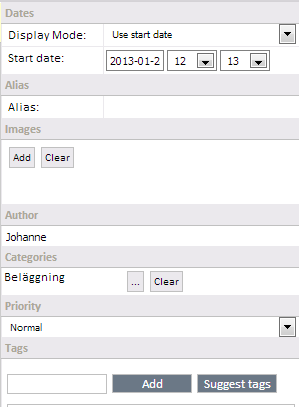 I menyen til høyre får du opp flere valg: 6. Under Display Mode kan du velge Use start date. Start date er datoen nyheten vises fra. 7.