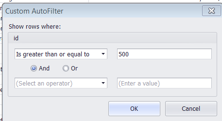 Sett filter Om ønskelig, kan du filtrere vha den lille trakten på kolonnen id, og velge (Custom) Alternativt, benytt menypunktet