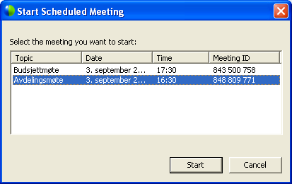 Velg det møtet du ønsker å starte, og klikk Start. Som møteleder kan du starte møtene dine så lang tid i forveien du måtte ønske. Vær oppmerksom på at det kan ta noen sekunder å koble opp møtet.
