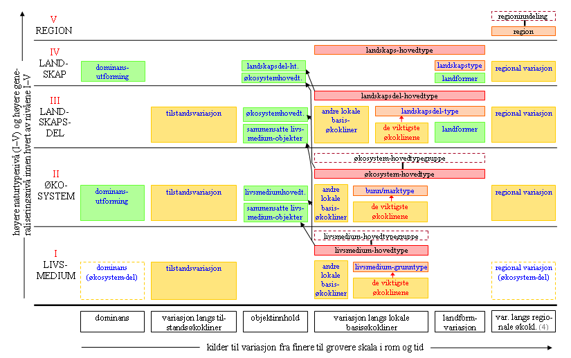 NiN overblikk over systemet Fem naturtypenivåer med separat inndeling på hvert nivå Inntil tre