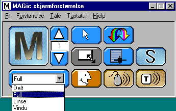 Musetilpasning Inverterte farger Forstørrelsesnivå Forstørrelse Lokator Endre størrelse på visning Utjevning Tastaturekko Tale Museekko For mer informasjon om MAGic brukergrensesnittet vennligst se