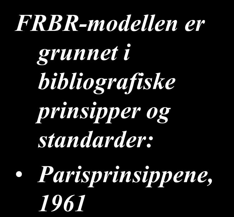 Litt om FRBR FRBR-modellen er grunnet i bibliografiske prinsipper og standarder: