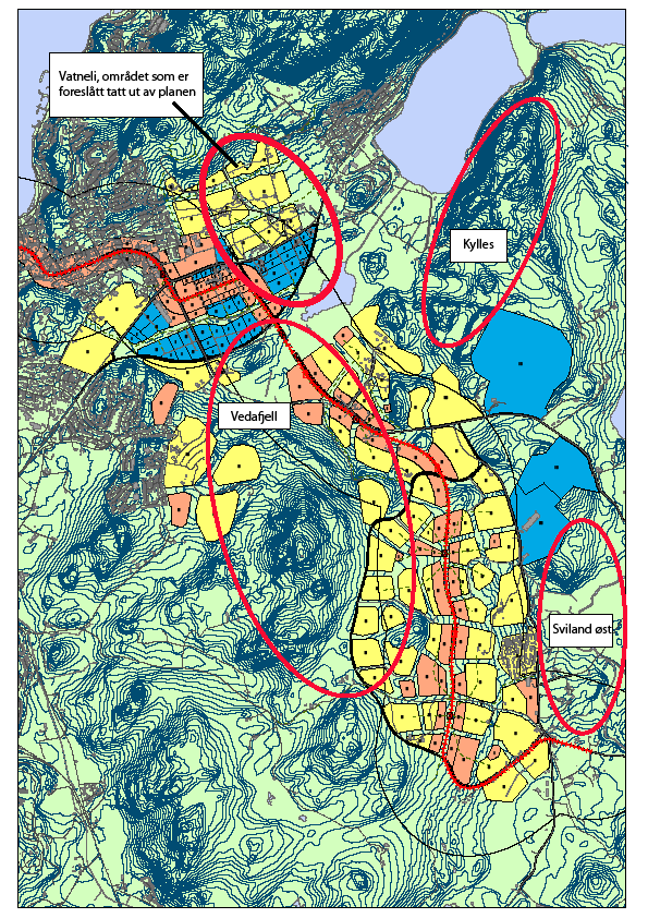 BAKGRUNN Oppgaven Hva er konsekvensene av å flytte den planlagte arealbruken på Vatneli til alternative lokaliseringer som Vedafjell (iht bondelagets forslag), Kylles eller Sviland øst.