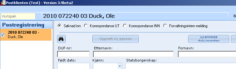 3.2.1 Primærfunksjoner Søknad inn Skjermbilde for å opprette Søknad mottatt-hendelsen på riktig DUF-nummer, samt arkivere de elektroniske søknadsdokumentene.
