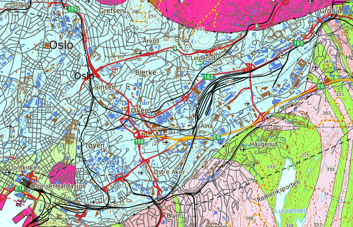 Berggrunnen i testområdet Berggrunn i området har også meget