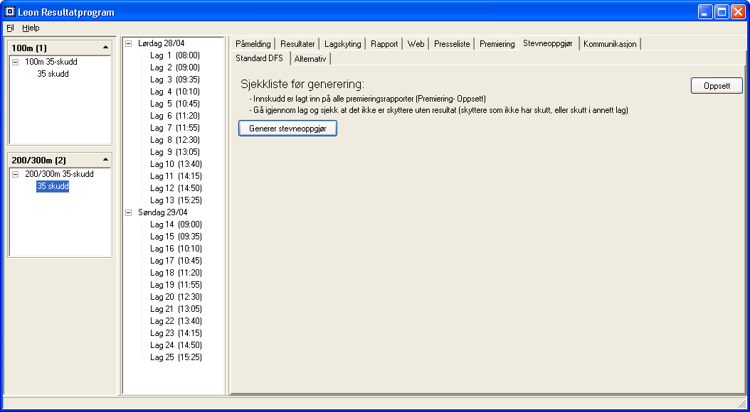 STEVNEOPPGJØR BRUKERVEILEDNING Leon Resultatprogram Stevneoppgjør er for kun for DFS stevner og kjøres etter at stevnet er avsluttet, og gir ut en fil som importeres inn i DFS sitt system.