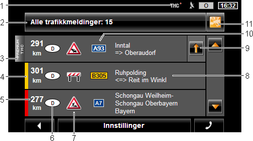 1 Symbolet TMC viser at meldingene i listen kommer fra radiostasjoner.