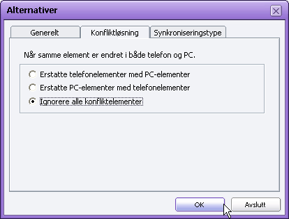 5.4.2. Konfliktløsning Konfliktløsningskortet i vinduet Alternativer gjør at du kan velge hvordan du ønsker å løse konflikter ved synkronisering av data.
