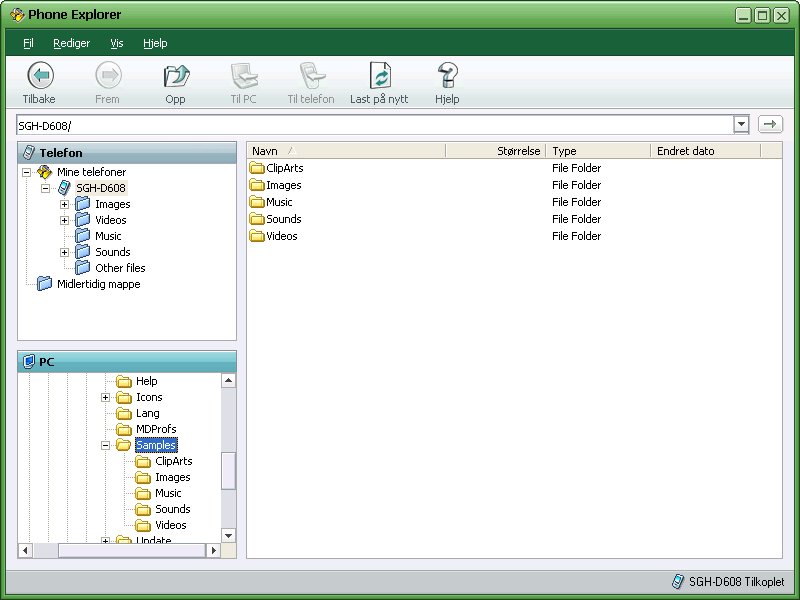 6.3. Visning av mapper og filer Trevisningen på venstre side av hovedskjermen for Phone Explorer er delt inn i et telefonområde og et PC-område. Mappene for hvert område vises i en trestruktur.