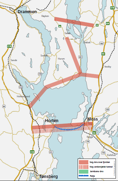 Om siling av konsepter I arbeidet med KVU for kryssing av Oslofjorden har vi vurdert et stort antall konsepter med bedre ferjetilbud og faste forbindelser med veg og jernbane.