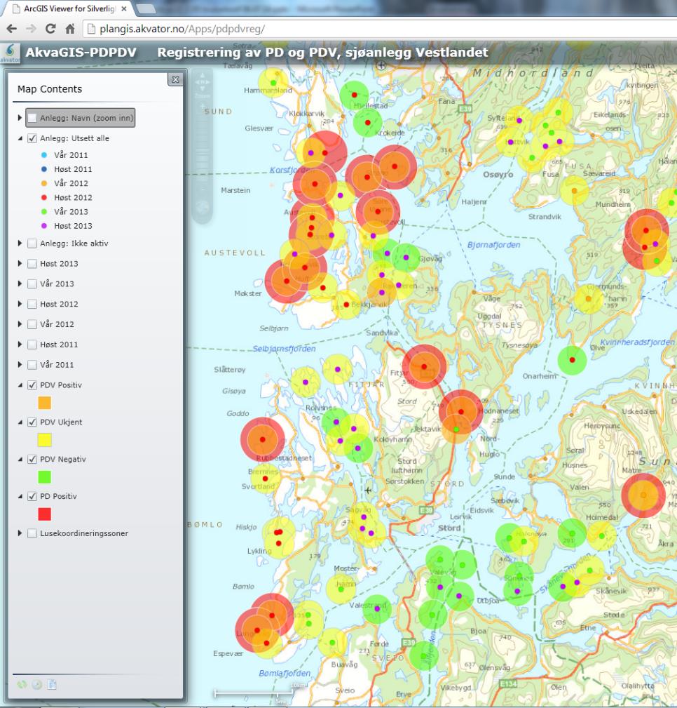 Kartinnhald Kartet viser oppdaterte registreringar av PD og PDV for Vestlandet - oppdatert på vekebasis Oppdateringar omfattar også anlegg med status knytta til utsett (vår, haust) og ikkje aktiv