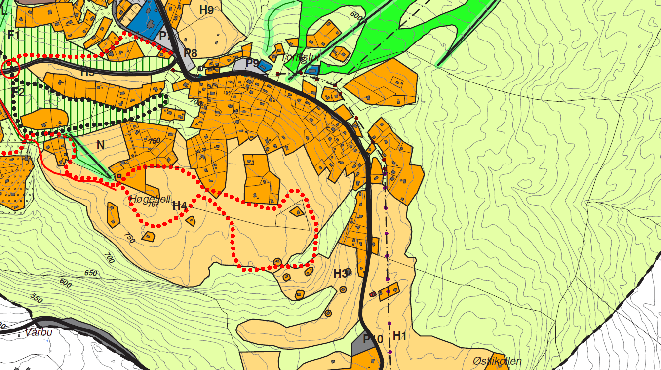 Kart som viser kommunedelplan for området. Utdrag av bestemmelsene i kommunedelplanen Byggeområde (PBL 20-4 nr. 1) 1.