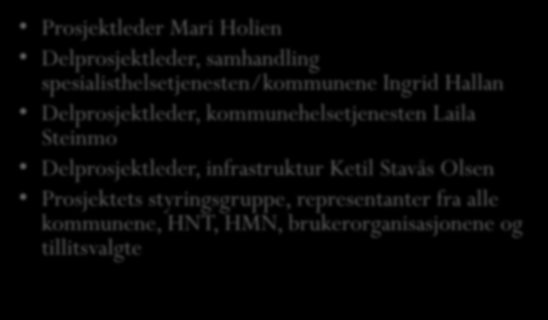 Prosjektfasen avsluttes og folkevalgt nemnd etableres Prosjektleder Mari Holien Delprosjektleder, samhandling spesialisthelsetjenesten/kommunene Ingrid Hallan Delprosjektleder,