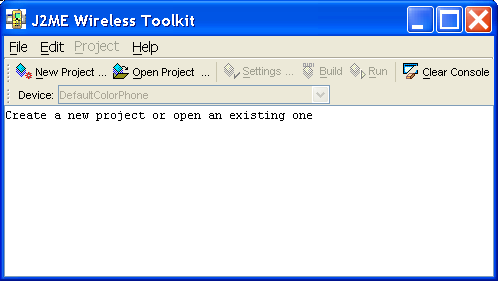 Feil: Fant ikke kilden til referansen side 5 av 11 Figur 1: Skjermbildet for KToolbar (J2ME Wirless Toolkit) For å gjøre deg litt kjent med verktøyet kan du nå velge Open Project.