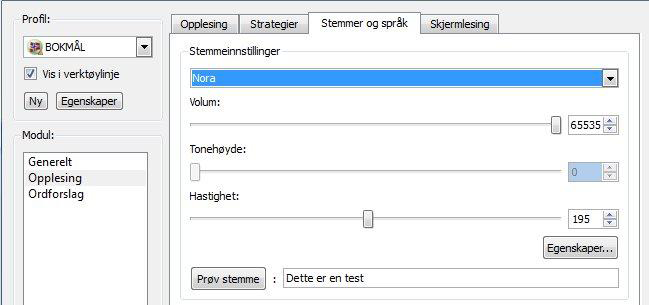 I stemmelisten kan du velge andre språk til opplesning av bl.a. engelske og tyske tekster, hvis språkene ligger på datamaskinen fra før av eller er kjøpt ekstra.