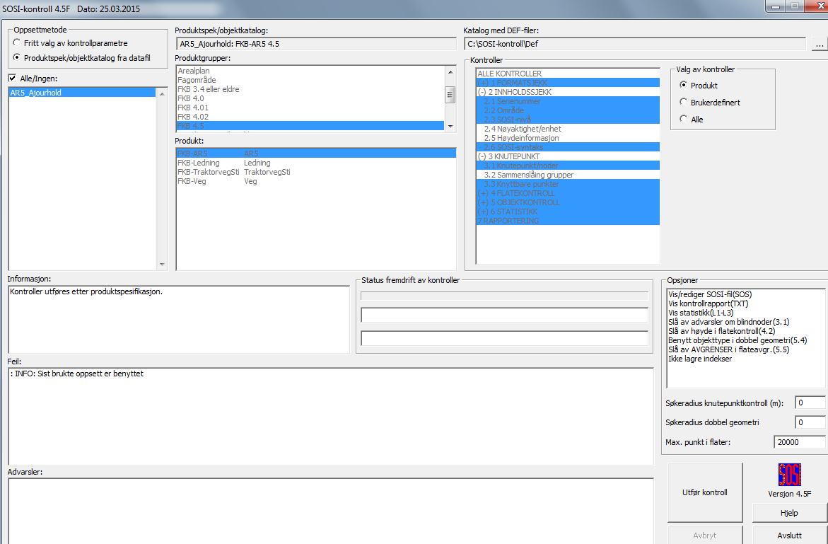 Ta inn SOSI-fila, meny Fil Åpne filer. Gå til SOSI-kontroll, meny Kontroll SOSI-kontroll. Velg metode og kontroll. Info om FKB produktspesifikasjon (..Objektkatalog FKB-AR5 4.