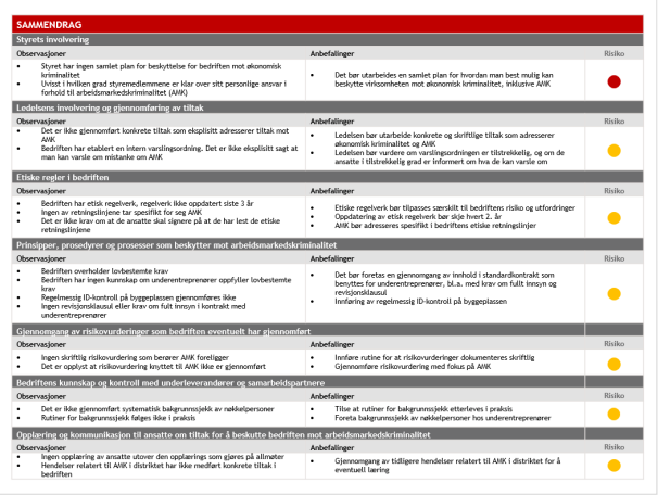 RESULTATET Beskrivelse av observasjoner og eventuelle anbefalinger Rapport Risikoanalysen avsluttes med en rapport som presenteres i møte med bedriftens ledelse (se eksempel i fig.).