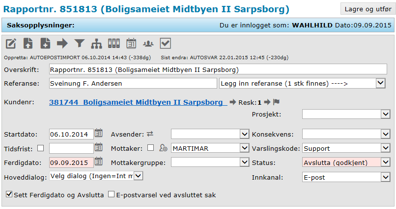 Avslutte ElProsess-sak Åpne ElProsess-saken Under Saksopplysninger, sett hake i feltet «Sett Ferdigdato og Avslutta».