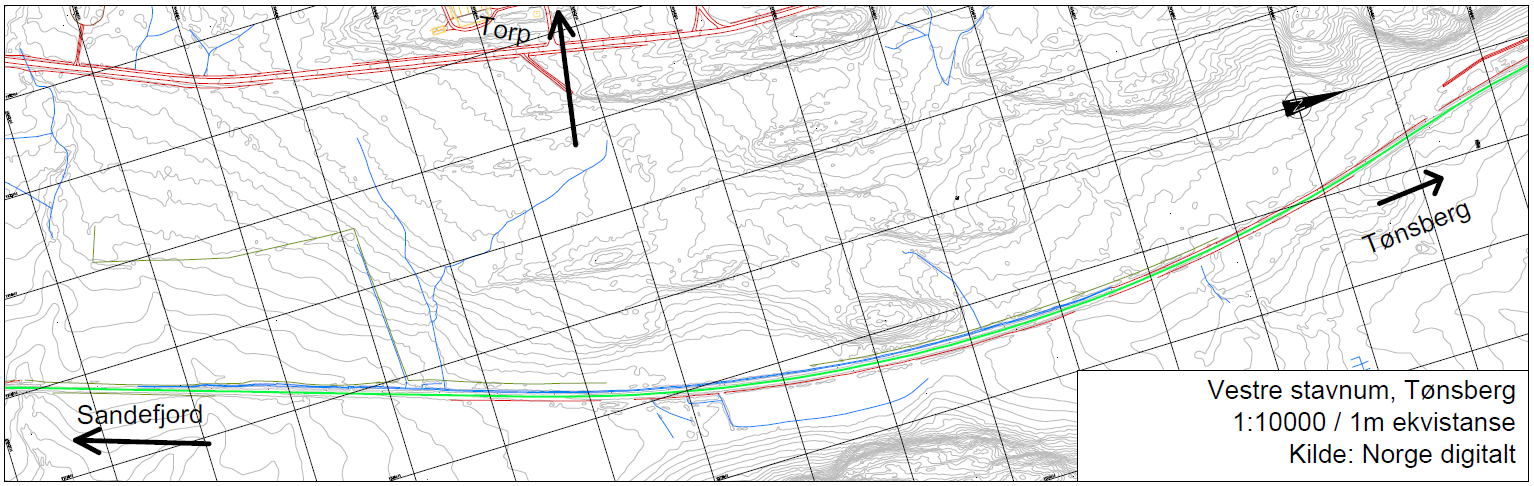 3 ALTERNATIVUTVIKLING OG GROVSILING 3.1 Alternativ 1 Vestre Stavnum Området ligger ved Torp flyplass og befinner seg i et område som planlegges for næringsliv. Avstand til Tønsberg er 18,5 kilometer.