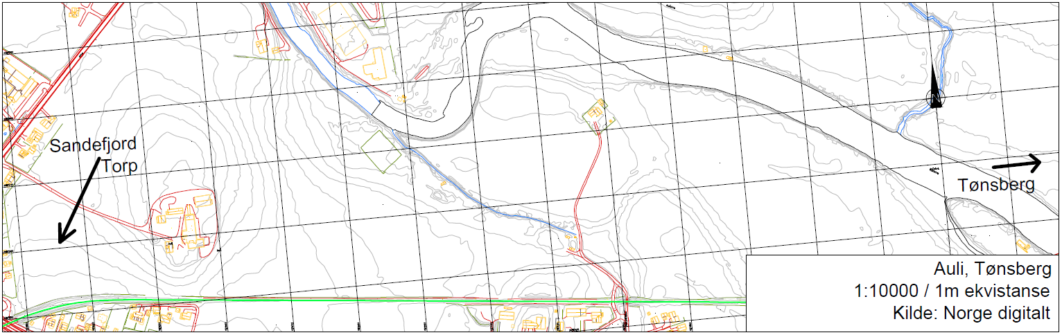 3.4 Alternativ 4 Auli Området ligger nord for eksisterende bane og består av jordbruksarealer. Grunnen består av tykk havavsetning med noe randmorene. Avstand til Tønsberg er 6,0 kilometer.