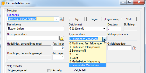 Datoformat Datoformat for eksporten er valgfritt. Formatet velges fra liste. Formatet gjelder for eksempel: ansatt/sluttdato og fødselsdato (personal).