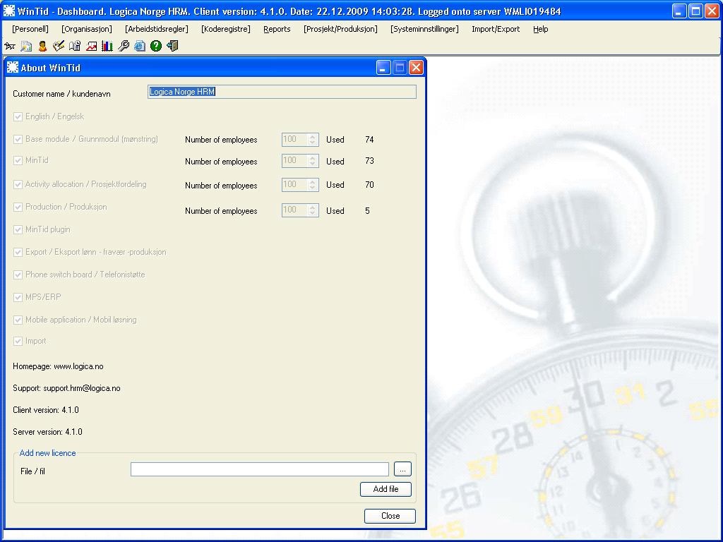 Trykk på knappen for å hente WinTid.lic. Trykk deretter på Add file, deretter på ok og close. Steng og åpne applikasjonen, og alle menyer er tilbake. 3.