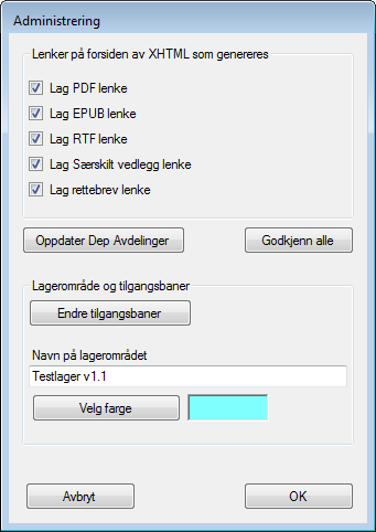 4.5.6 Administrering (admin) Man må være administrator for å få tilgang her: Dette vinduet åpnes: Her kan man markere hvilke lenker som automatisk skal lages. Oppdater Dep Avdelinger.