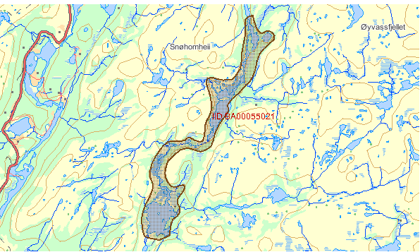 Figur 12. Artsområde avmerket som yngleområde for ande-, vade- og måkefugl i Direktoratet for naturforvaltnings Naturbase.
