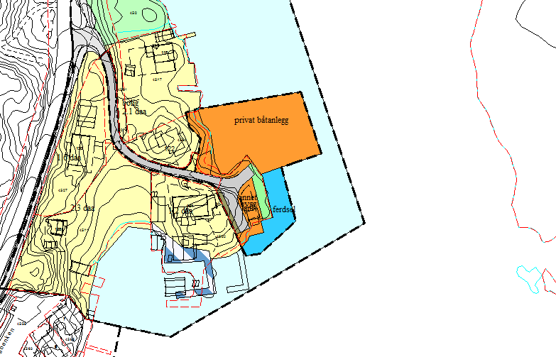 Alternativ 2 Planforslaget beholder plassering av småbåthavn slik den er vist i gjeldende reguleringsplan. Det gis anledning til å oppføre et kontor/servicebygg på kaien.