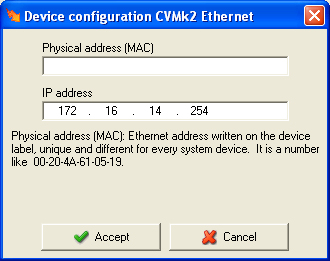 Navn og ønsket IP-adresse må tilordnes. IP-adressen må være innenfor bruksområdet for datamaskinen som brukes. Dette steget vil feile, og et nytt vindu for å angi MAC-adresse vil vises.