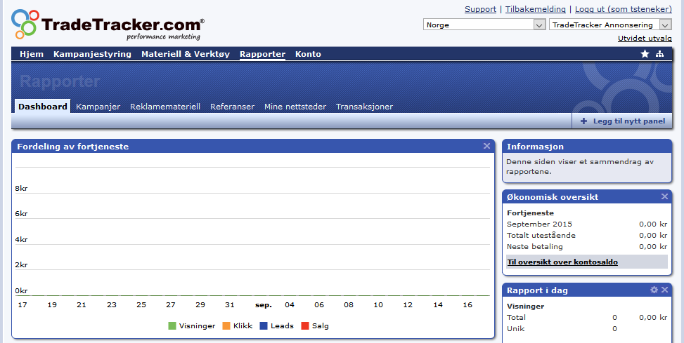 Rapporter: Under «Rapporter» i menyen kan du velge å se rapporter fordelt på «Kampanjer», «Reklamemateriell», «Referanser», «Mine nettsteder» eller «Transaksjoner».
