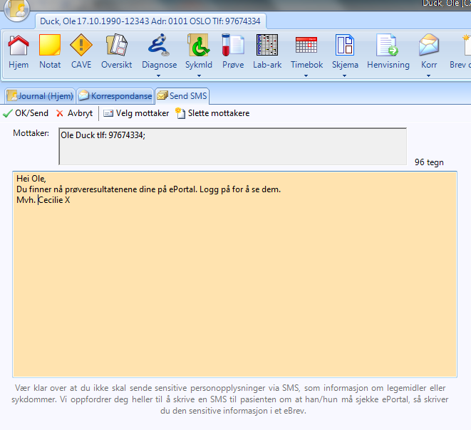 - Feil under sending - Ikke sendt enda - Underveis Fritekst SMS Du kan nå i korrespondanse i en journal velge å sende en fritekst SMS til pasienten.